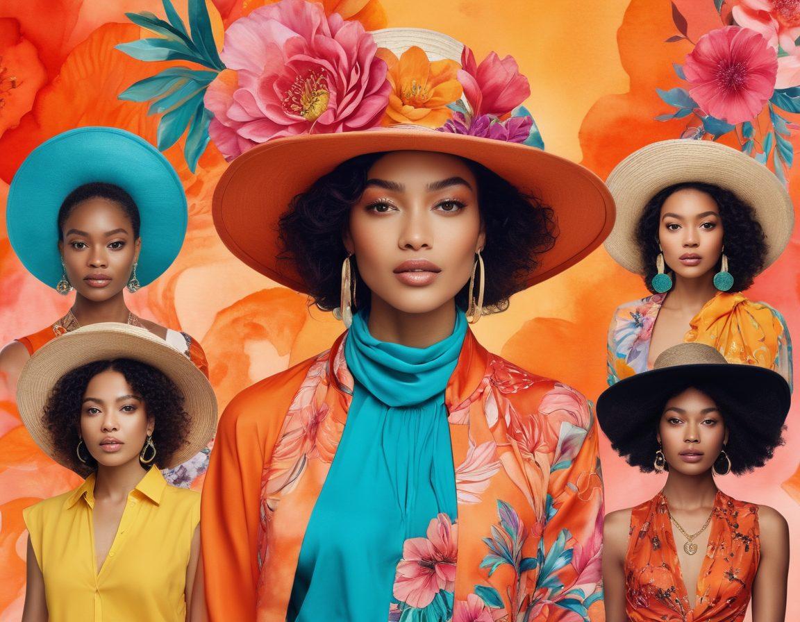 A vibrant and colorful collage showcasing diverse feminine styles that exude empowerment and passion. Include a variety of women of different ethnicities wearing bold, expressive outfits, surrounded by elements symbolizing pleasure, such as flowers, fabric swirls, and soft textures. The background should be dynamic and lively, evoking joy and self-confidence. Highlight playful accessories like jewelry, hats, and scarves. Artistic flair with watercolor textures and soft gradients. vibrant colors. painting.